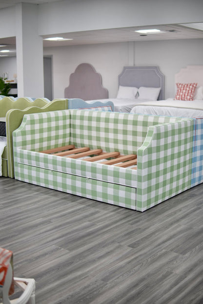 Twin Trundle Daybed - Sage Green Checkered Fabric with White Trim