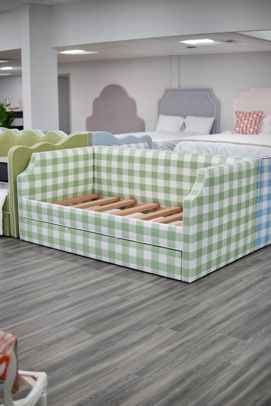Twin Trundle Daybed - Sage Green Checkered Fabric with White Trim