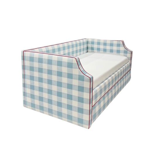 Twin Trundle Daybed - Buffalo Blue Checkered Fabric with Red Trim
