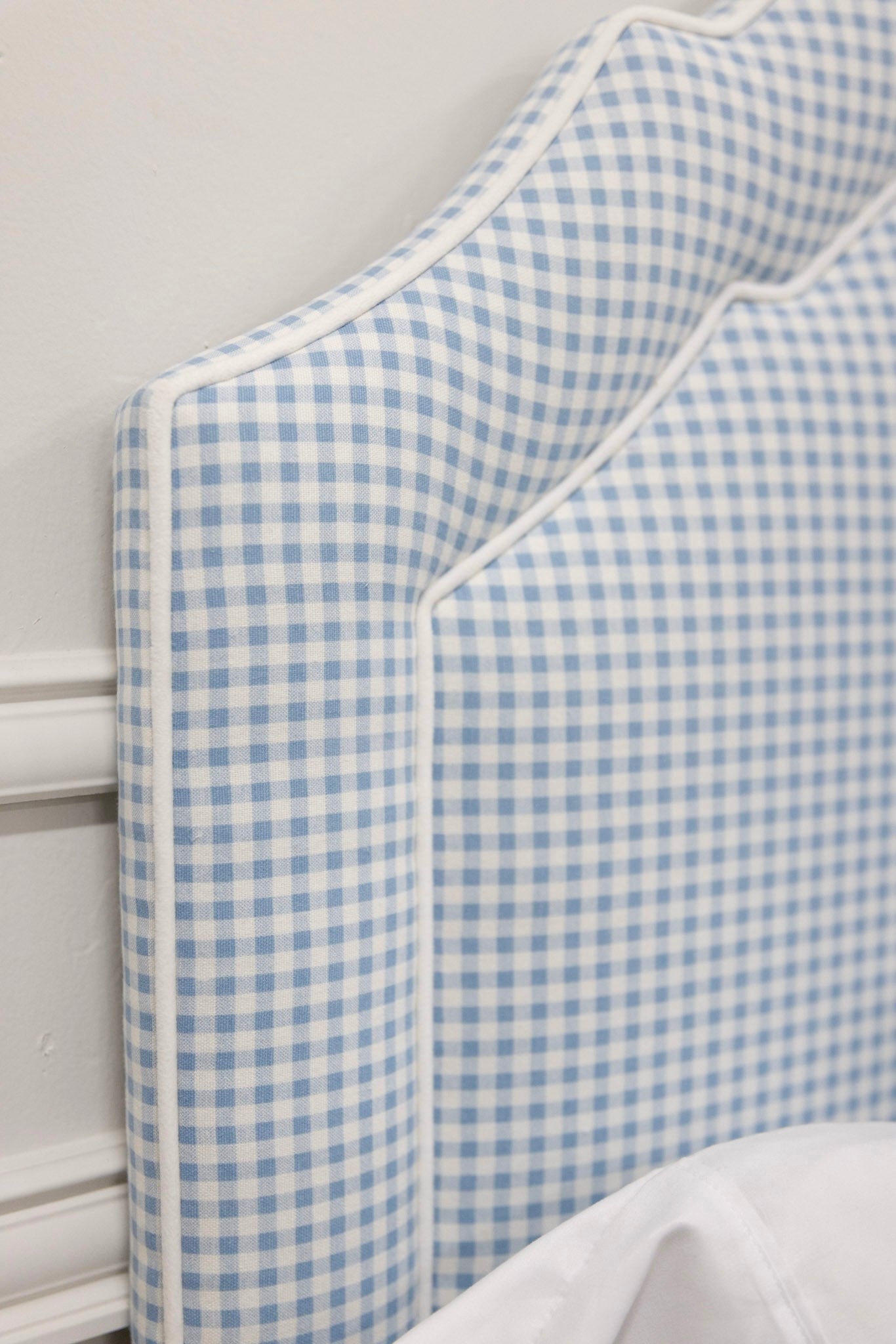 The Grace Queen Bed - Blue Gingham Fabric - White Trim