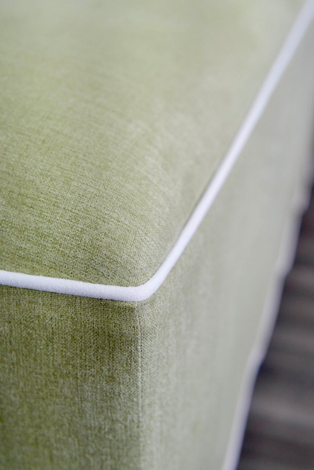 Scalloped Ottoman / Coffee table in Pistachio Green Woven Fabric - White Trim