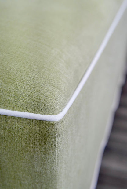 Scalloped Ottoman / Coffee table in Pistachio Green Woven Fabric - White Trim