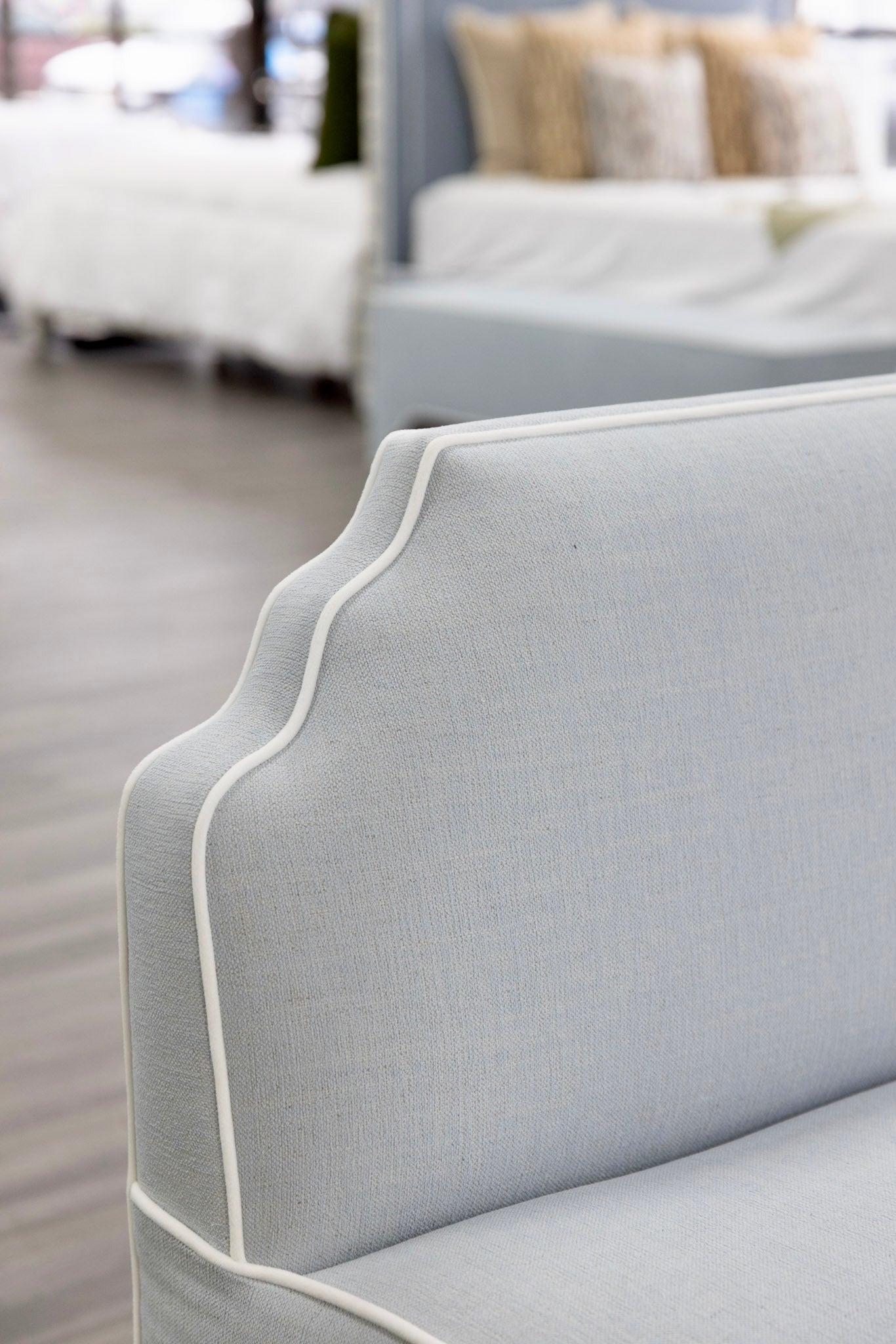 The Helena Banquette – Light Blue Crypton Fabric, White Piping