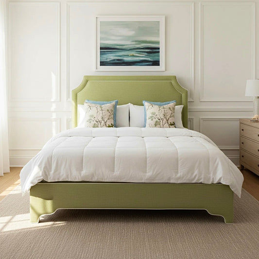65”H King Upholstered Platform Bed - Scalloped Legs - Pistachio Green Woven Fabric with White Trim