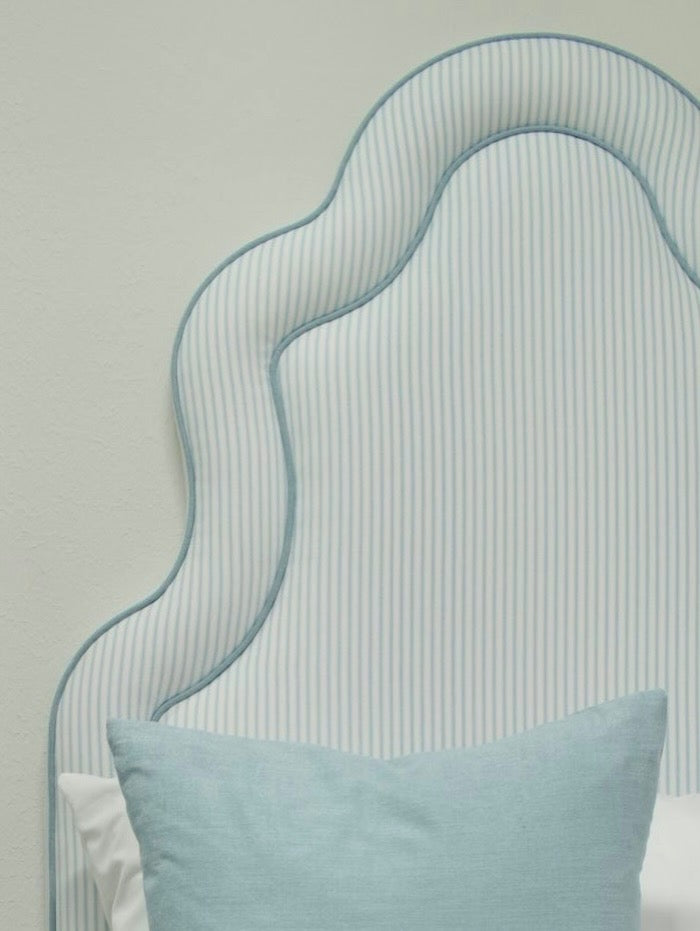 70”H Twin Headboard - Classic Blue Striped Fabric with Sky Blue Trim