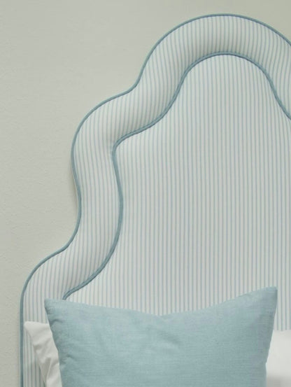 70”H Twin Headboard - Classic Blue Striped Fabric with Sky Blue Trim