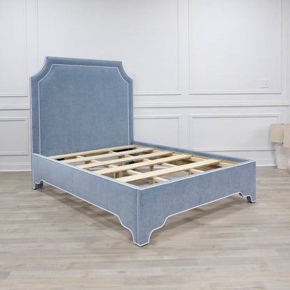 The Addison Queen Bed - Crypton Blue Linen Look Fabric - White Trim