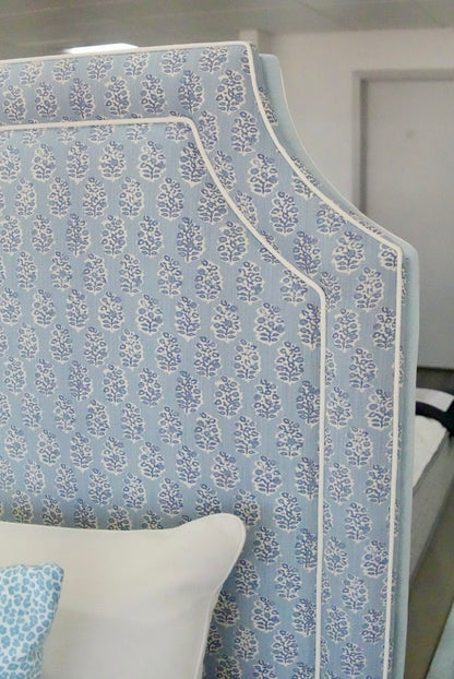 65”H Queen Platform Upholstered Bed - Perry Blue Polyester Fabric with White Trim