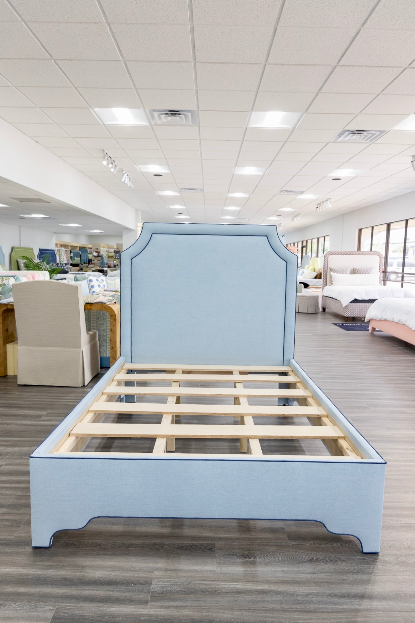 65”H Queen Platform Upholstered Bed - Sky Blue Woven Fabric - Navy Trim