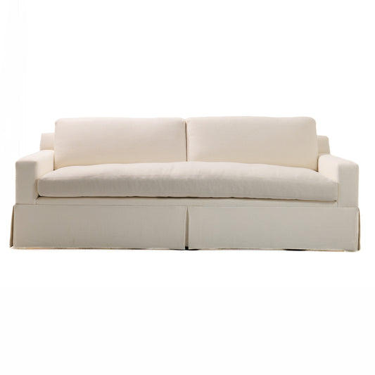 Luxe Feather-Seat Skirted Sofa in Schumacher Upholstery Linen Fabric – Custom Built