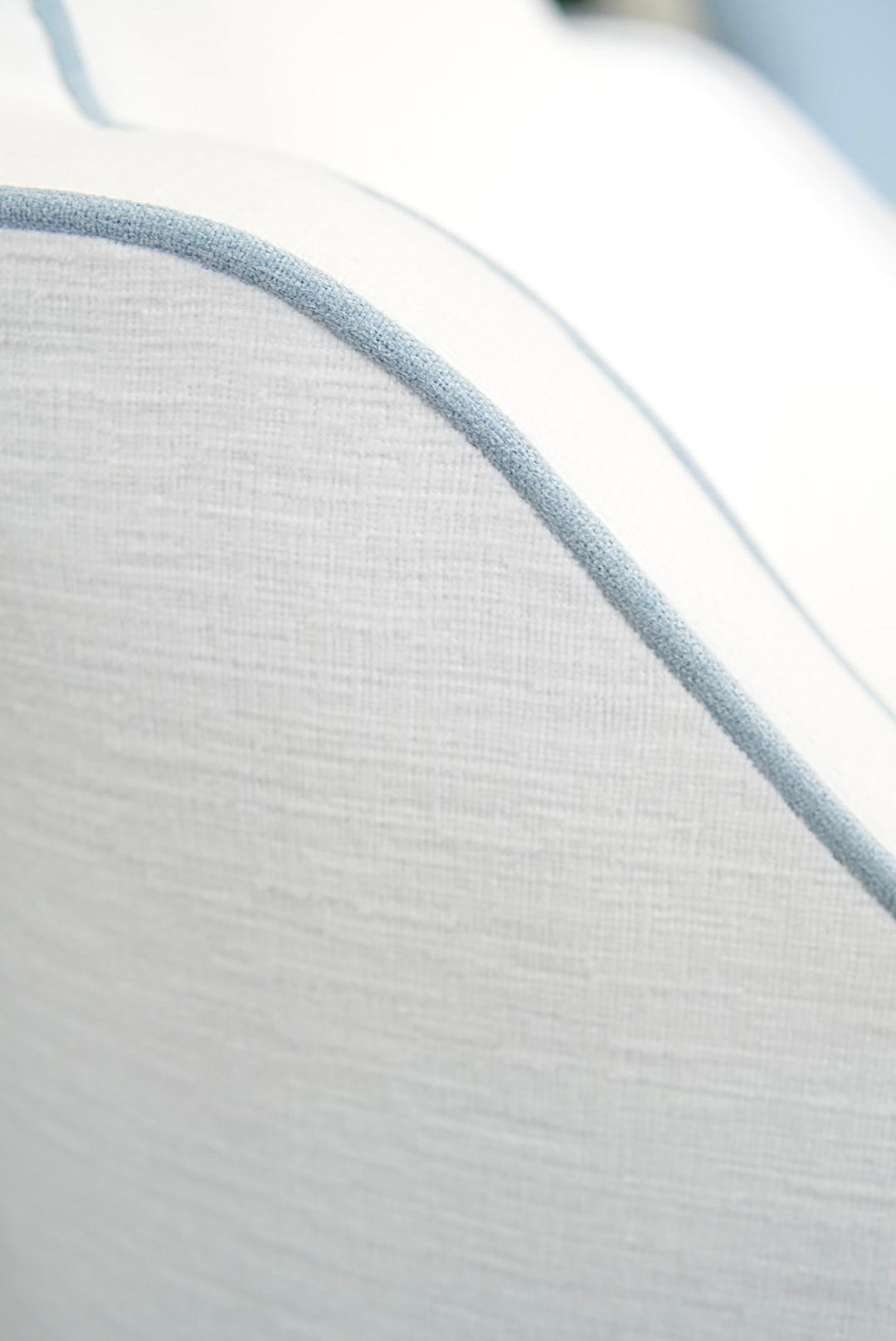 Custom Scalloped Swivel Chair: White Performance Fabric - Sky Blue Trim