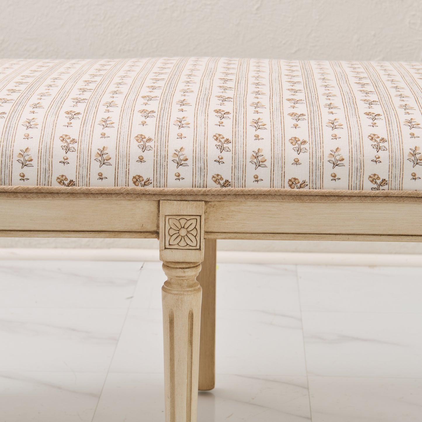 Italian Carved Upholstered Bench in Schumacher Fabric