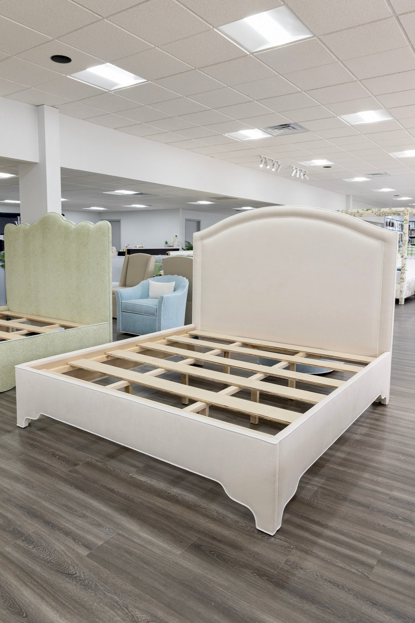 The Lilliane King Bed - Upholstered Legs - Oatmeal Woven Fabric - White Trim