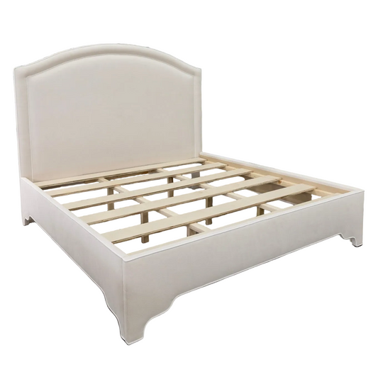 65"H King Platform Bed - Upholstered Legs - Oatmeal Woven Fabric - White Trim