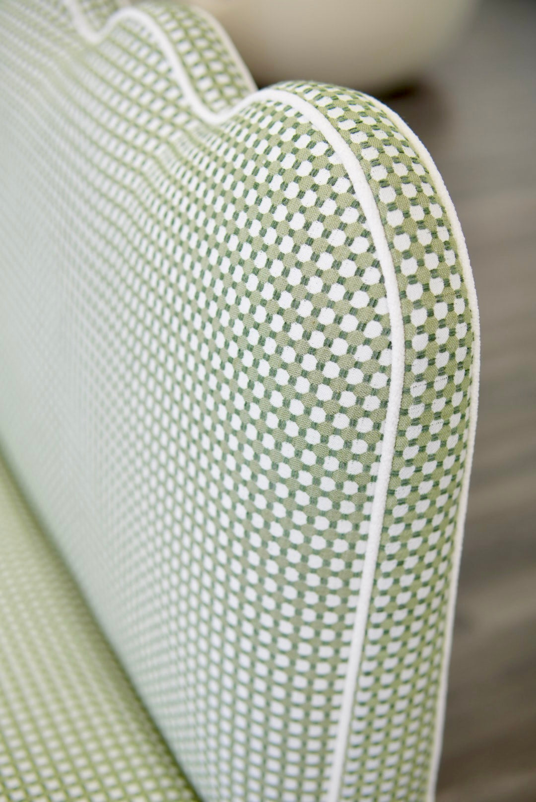 76"L Custom Scalloped Banquette in Darcy Leaf Fabric from Thibaut - Modern Upholstered Dining Banquette with Pleated Skirt