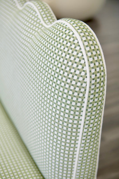 76"L Custom Scalloped Banquette in Darcy Leaf Fabric from Thibaut - Modern Upholstered Dining Banquette with Pleated Skirt