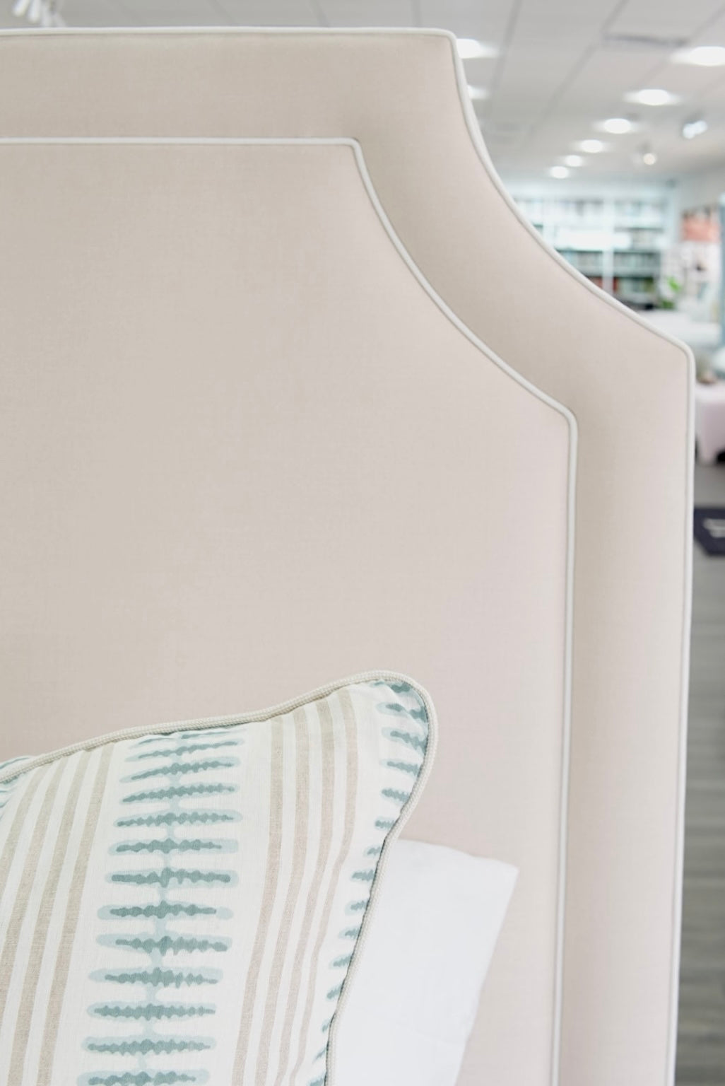 65" H King Platform Bed - Wooden Legs - Oatmeal Woven Fabric - White Welted