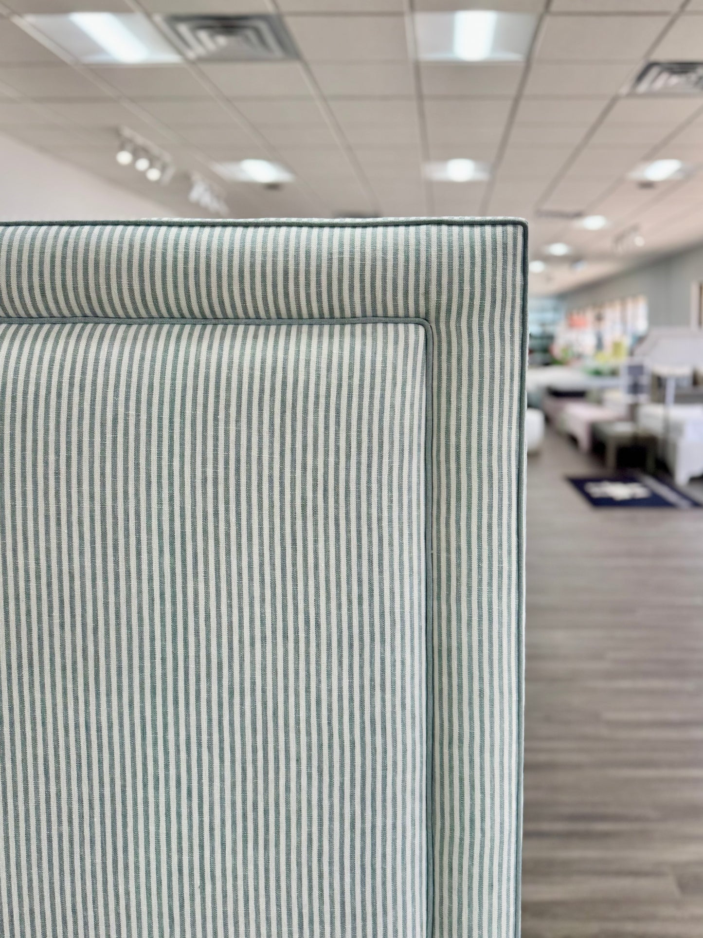 65”H Queen Upholstered Platform Bed - Pierre Frey Upholstery Linen Fabric - Seafoam Green Trim