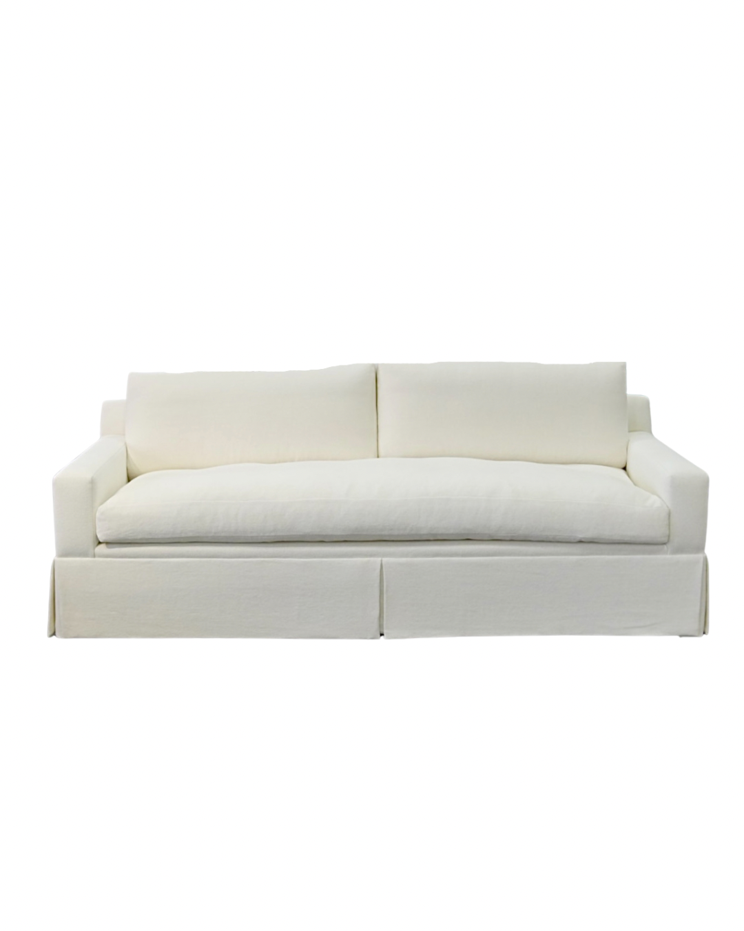 Luxe Feather-Seat Skirted Sofa in Schumacher Designer Upholstery Linen Fabric – Custom Built, In Stock