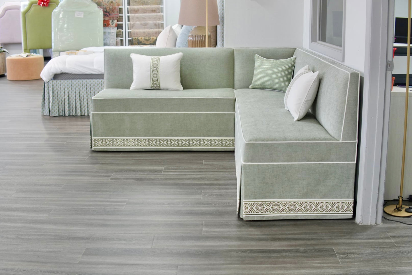 Custom Upholstered Skirted Banquette – Performance Green Chenille Fabric, White Piping