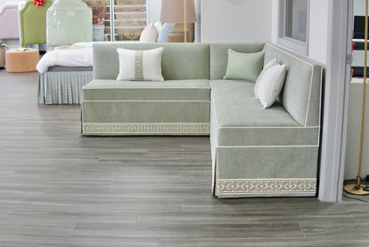 Custom Upholstered Skirted Banquette – Performance Green Chenille Fabric, White Piping