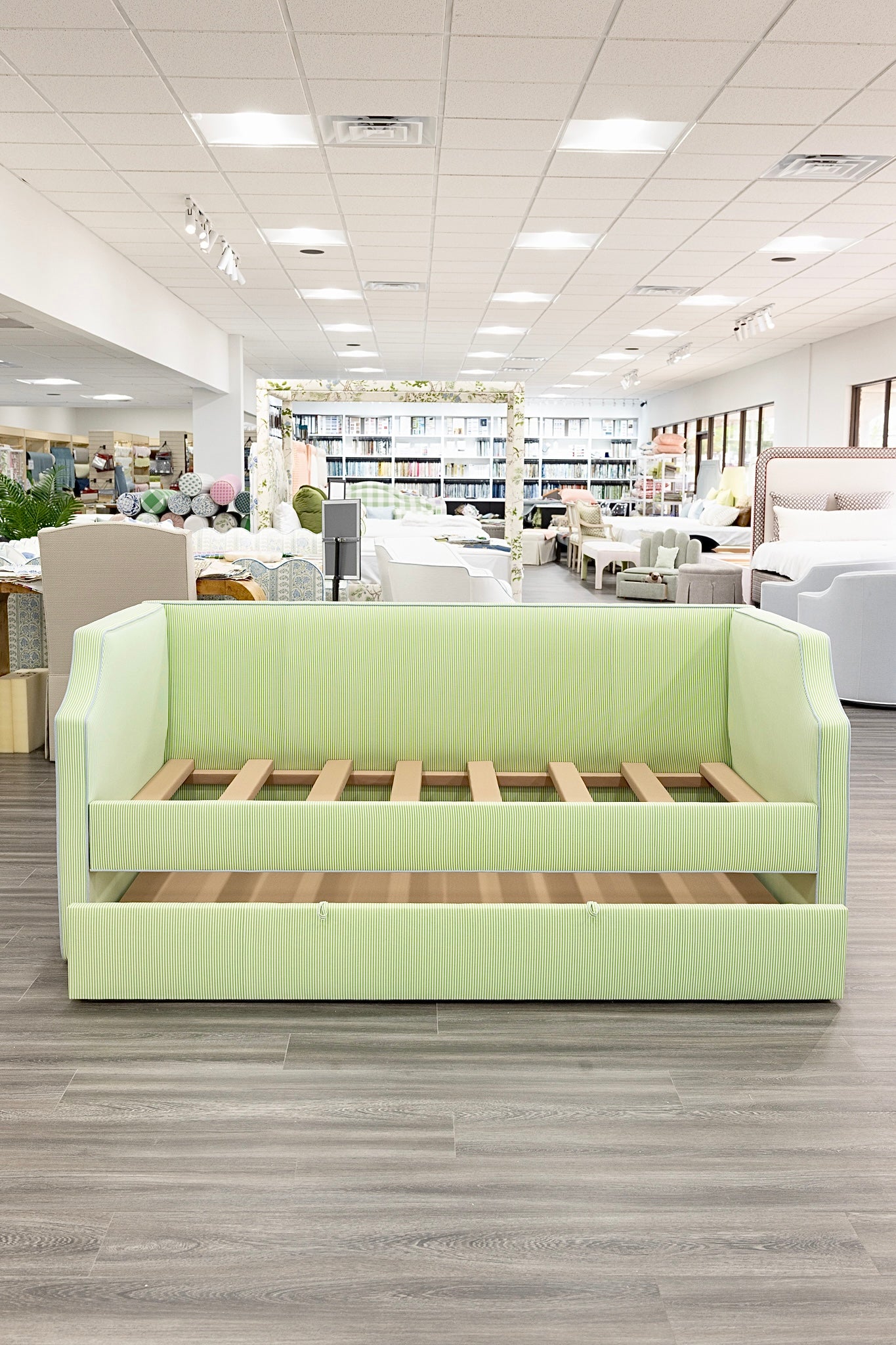The Addison Twin Trundle Daybed - Striped Green Fabric - Sky Blue Trim