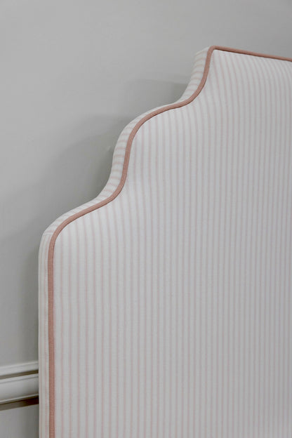 The Helena Twin Bed - Scalloped Base - Classic Ticking Pink Fabric - Pink Trim
