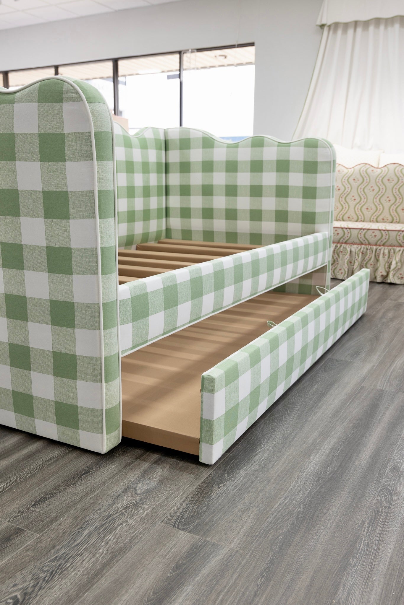 The Waverly Twin Trundle Daybed - Scalloped - Buffalo Sage Green Fabric - White Trim