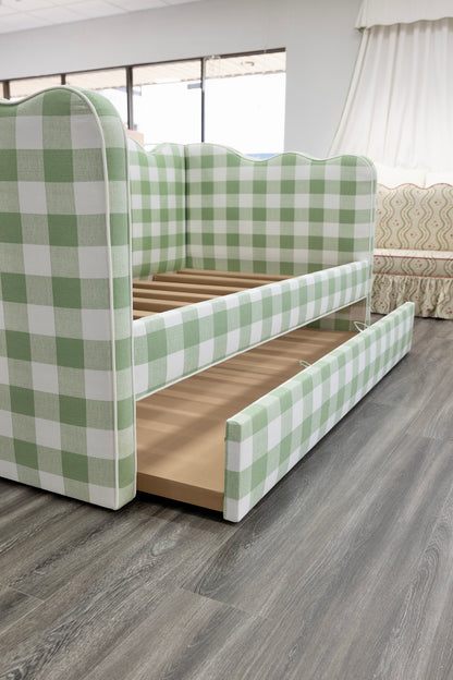 The Waverly Twin Trundle Daybed - Scalloped - Buffalo Sage Green Fabric - White Trim