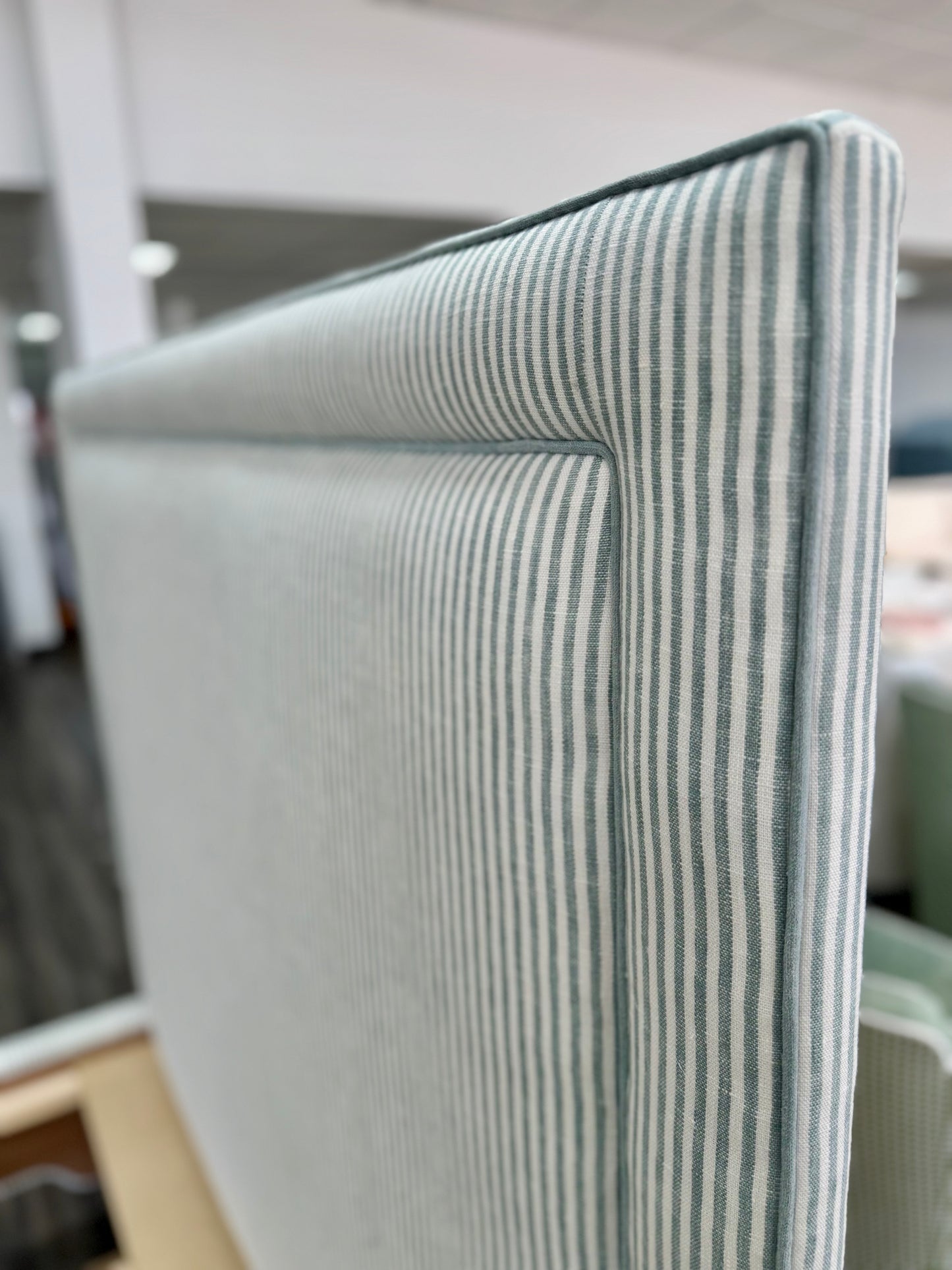 65”H Queen Upholstered Platform Bed - Pierre Frey Upholstery Linen Fabric - Seafoam Green Trim