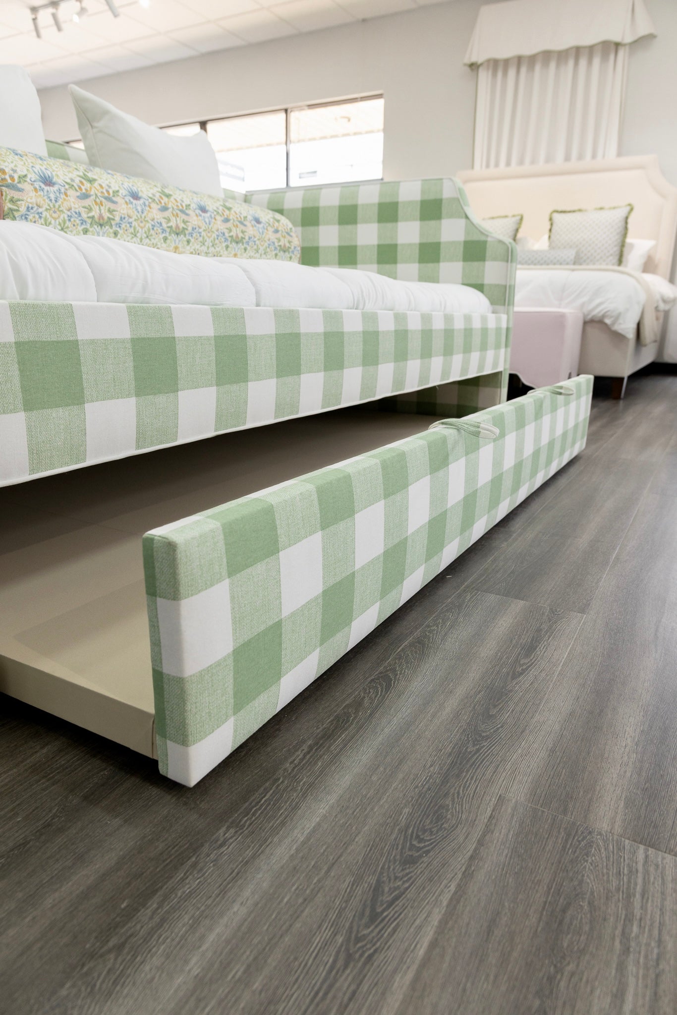 The Addison Twin Trundle Daybed - Buffalo Sage Green Fabric - White Trim