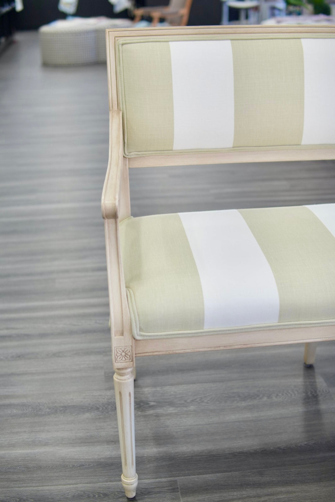 Italian Carved Upholstered Bench in Sage & Ivory Wide Stripe