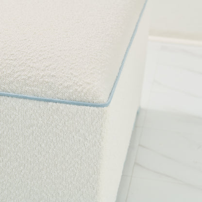 Scalloped Ottoman / Coffee table in White Boucle Fabric - Sky Blue Trim