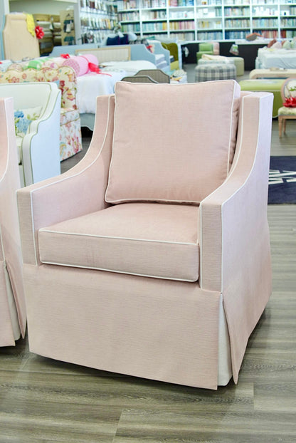 Custom Swivel Glider Chair – Performance Light Pink Chenille Fabric with White Trim