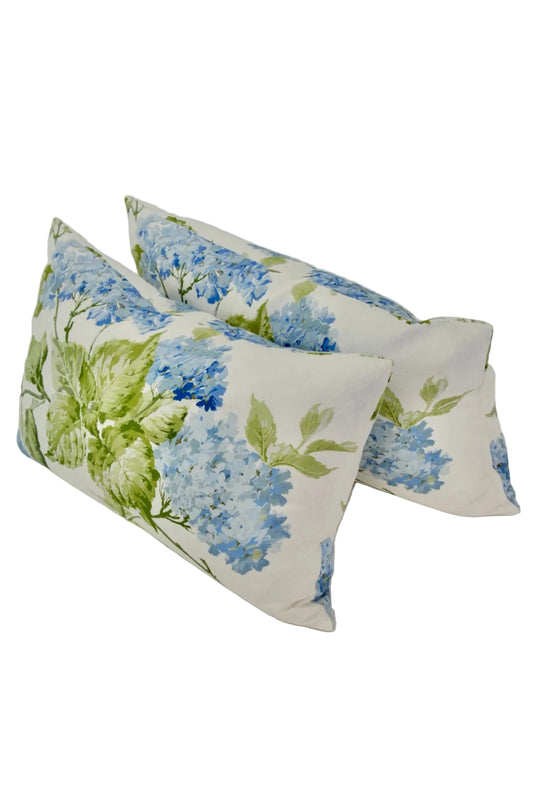 Handcrafted Throw Lumbar Pillows – Blue Hydrangea Schumacher Fabric - 50% Down Feather