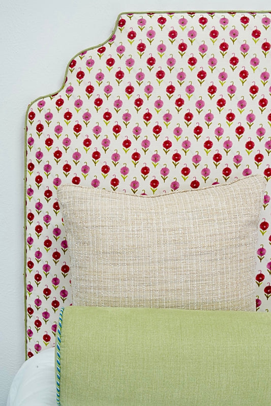 65" H Twin Headboard in Schumacher Embroidered Floral Fabric - Green Trim