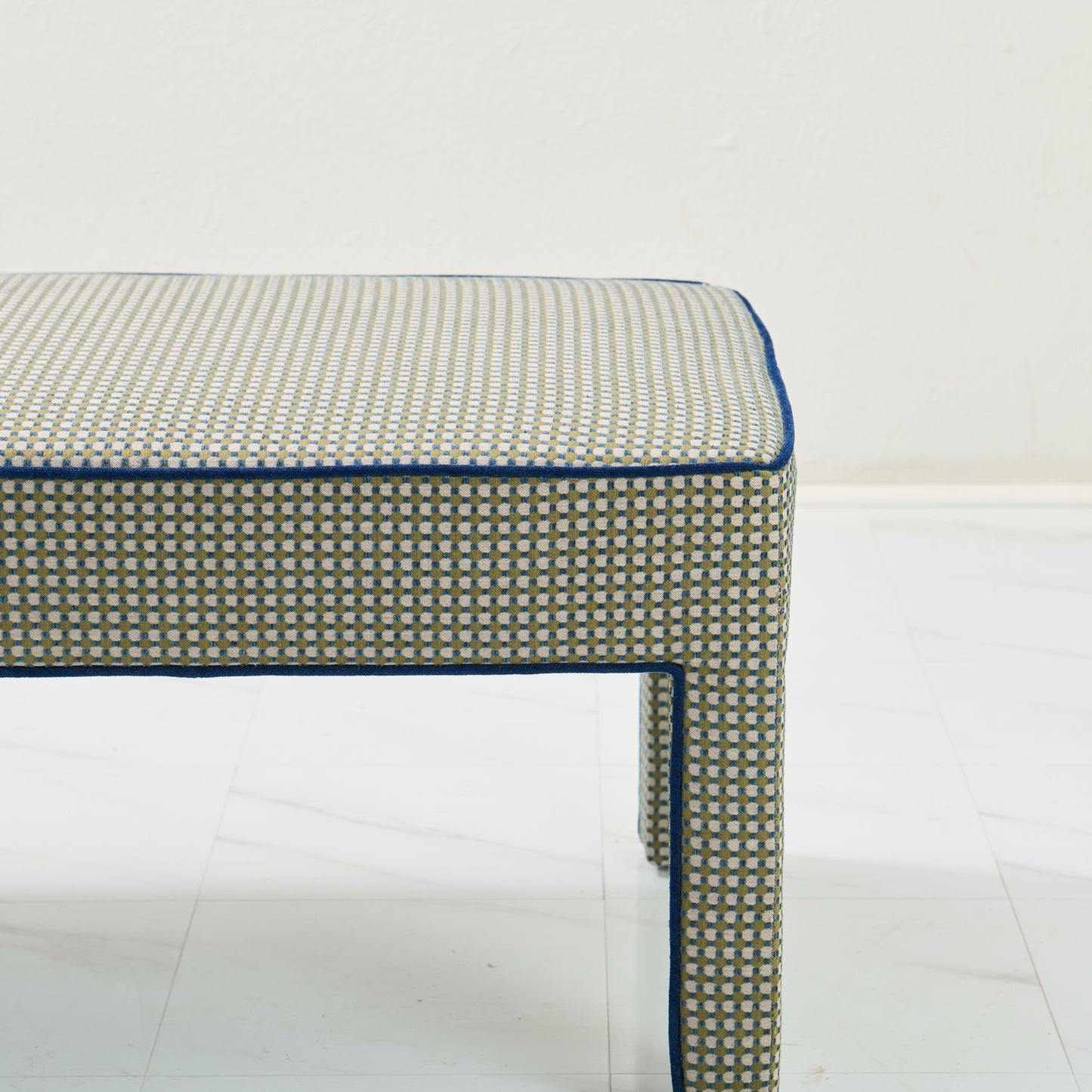 Custom Upholstered Bench in Thibaut Fabric - Navy Trim