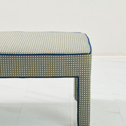 Custom Upholstered Bench in Thibaut Fabric - Navy Trim