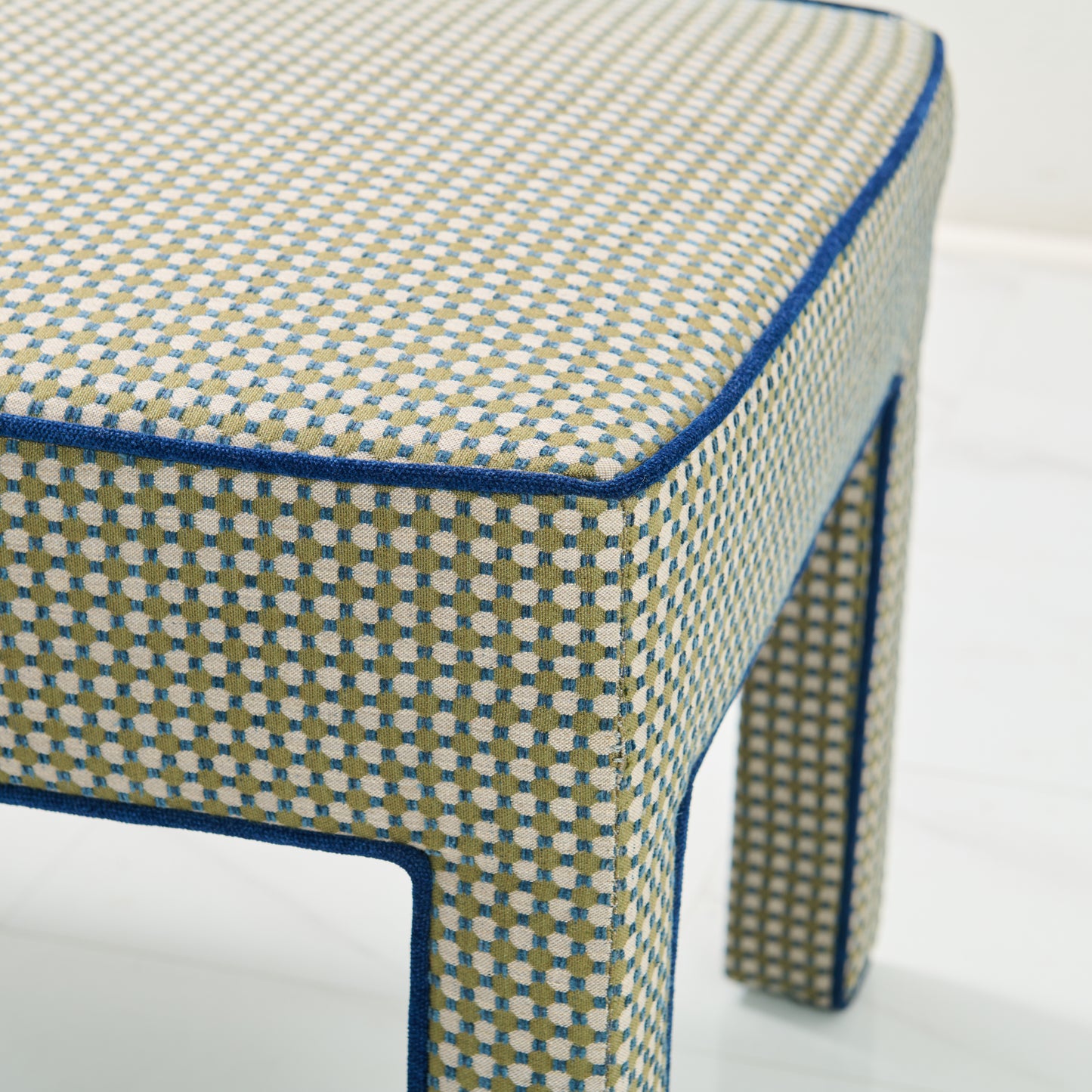 Custom Upholstered Bench in Thibaut Fabric - Navy Trim