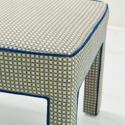 Custom Upholstered Bench in Thibaut Fabric - Navy Trim