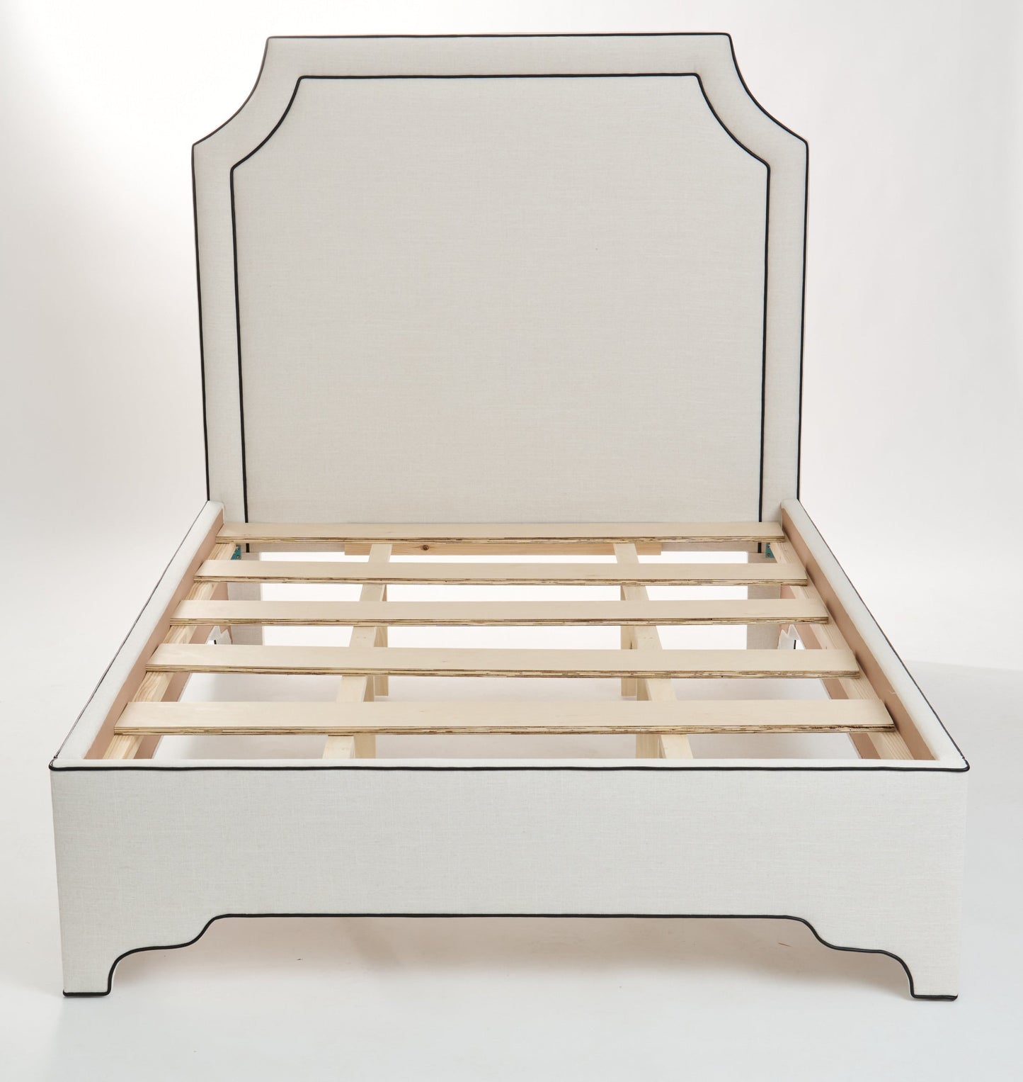 The Addison Queen Bed - Off-White Linen Fabric - Black Leather Trim