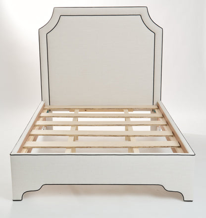 The Addison Queen Bed - Off-White Linen Fabric - Black Leather Trim