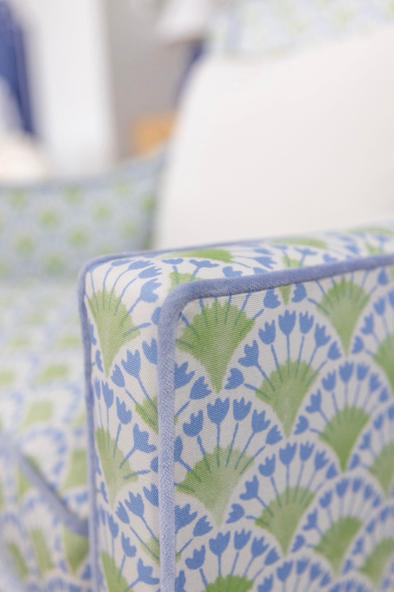 The Camille Glider Chair – Floral Green / Blue Fabric with Blue Trim