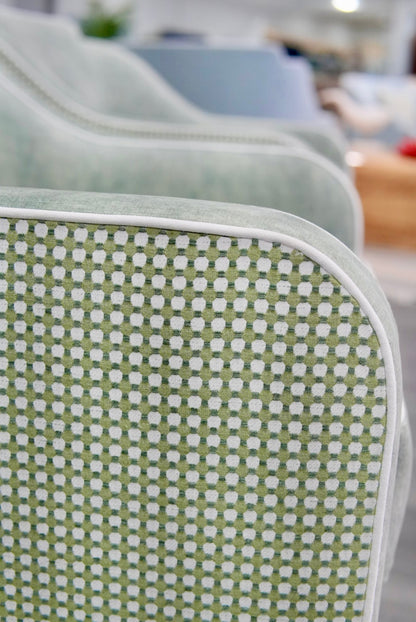 Custom Rachel Scalloped Swivel Chair: Thibaut Darcy Fabric