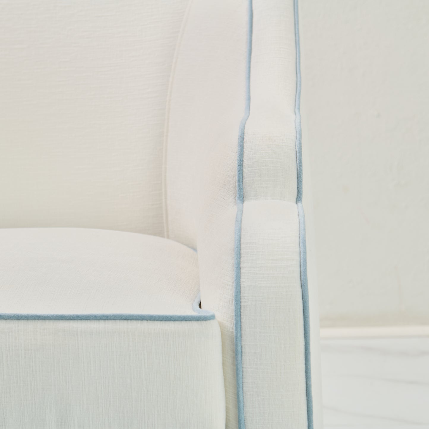 Custom Scalloped Swivel Chair: White Performance Fabric - Sky Blue Trim