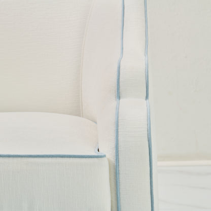Custom Scalloped Swivel Chair: White Performance Fabric - Sky Blue Trim