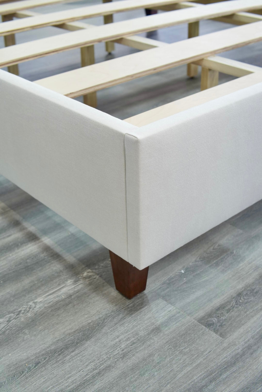 65" H King Platform Bed - Wooden Legs - Oatmeal Woven Fabric - White Welted