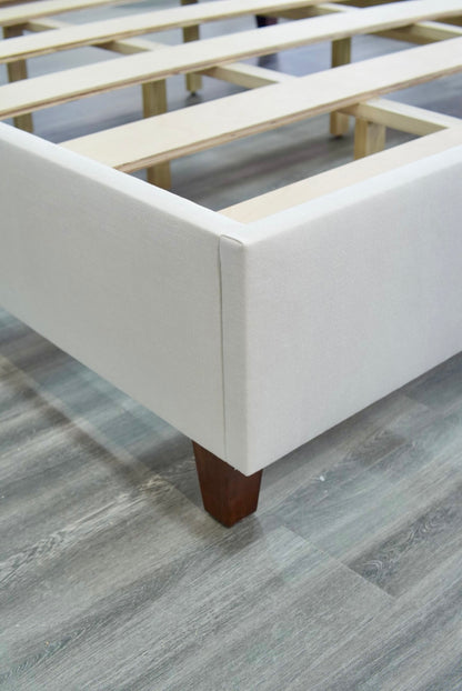 65" H King Platform Bed - Wooden Legs - Oatmeal Woven Fabric - White Welted