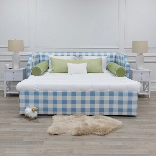 Twin to king Upholstered Trundle Daybed in Buffalo Blue Fabric - Sky Blue Trim
