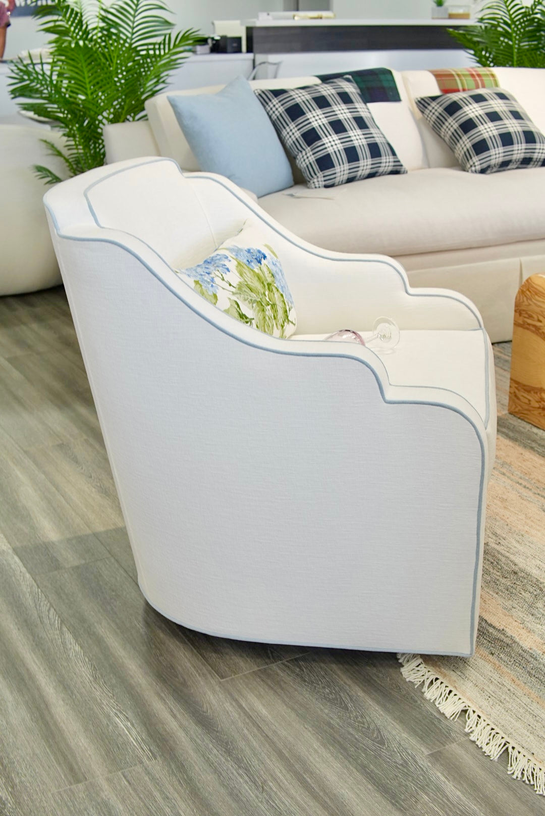 Custom Scalloped Swivel Chair: White Performance Fabric - Sky Blue Trim